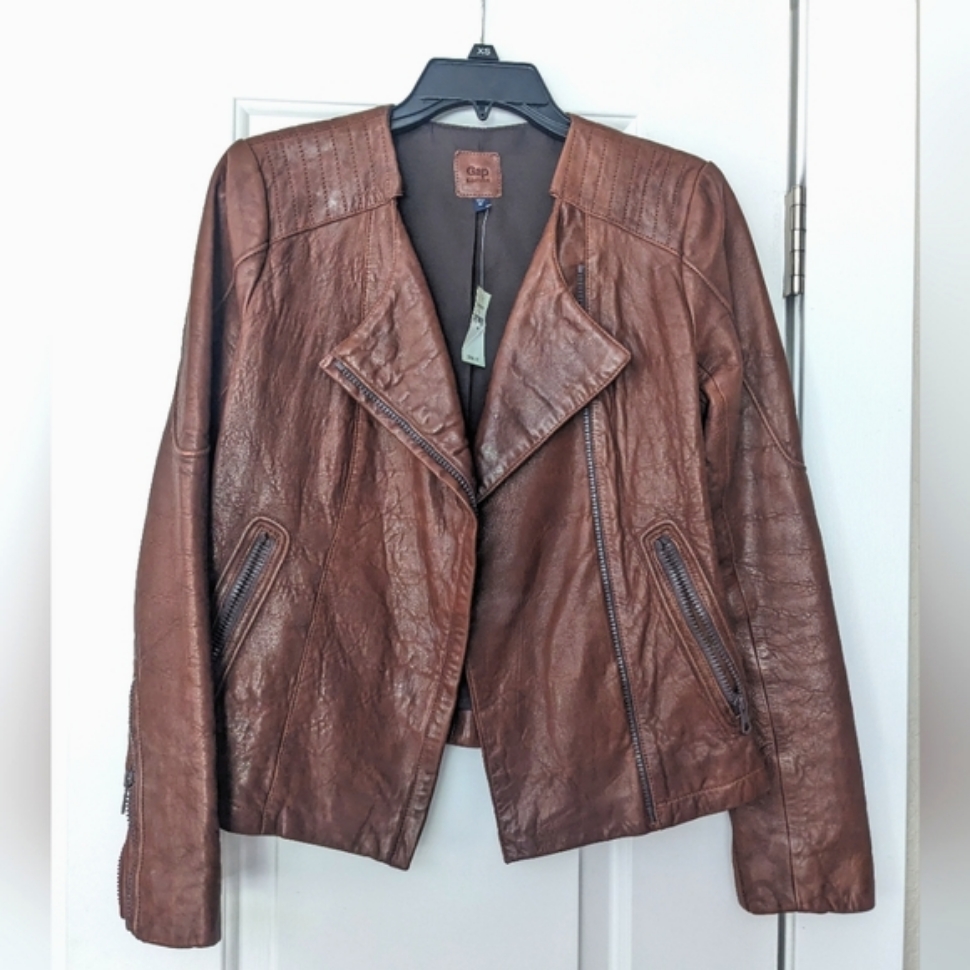 Gap Leather Moto Biker Jacket Brown Asymmetric Zip Motorcycle - Size Xs